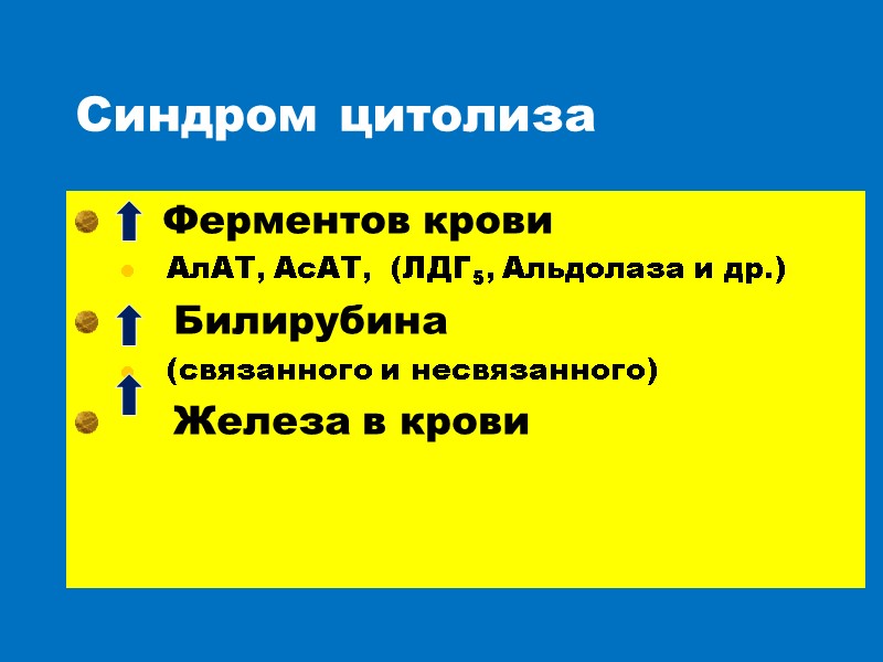 Синдром цитолиза      Ферментов крови   АлАТ, АсАТ, 